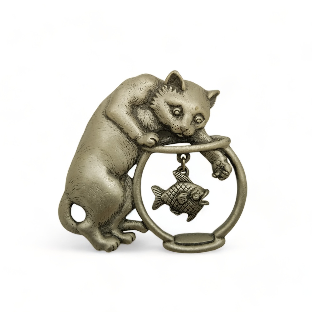 Vintage JJ Jonette Brooch Pewter Cat Fishing In Bowl Dangling Fish Signed